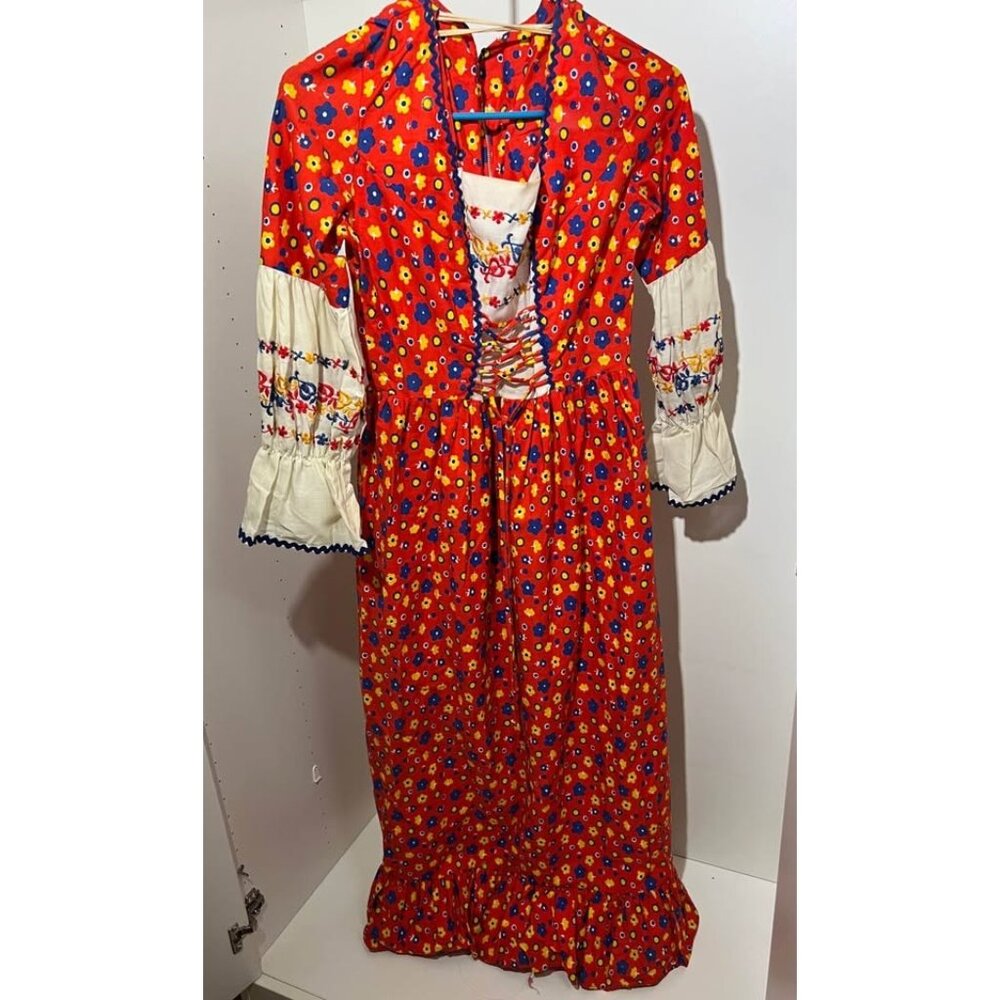 1970s Prairie Folk Maxi Dress – Lace-Up Bodice, Embroidered Bell Sleeves